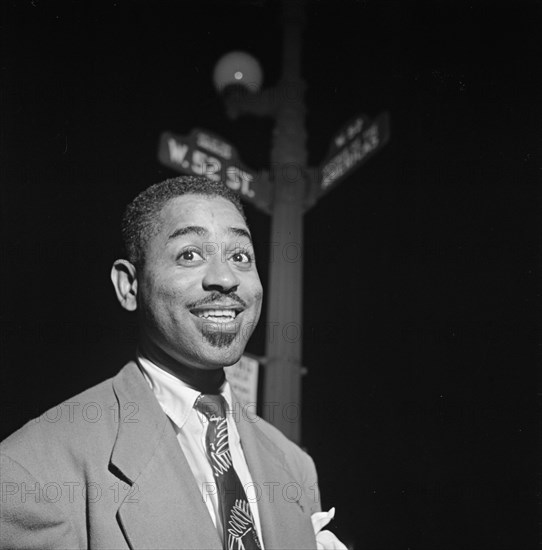 Portrait of Dizzy Gillespie, 52nd Street, New York, N.Y., 1946. Creator: William Paul Gottlieb.