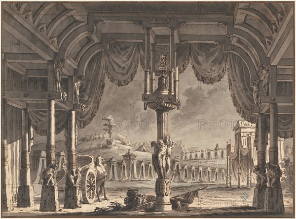 Stage Design of an Ancient Roman Encampment by Night (recto), c. 1792. Creator: Pietro Gonzaga.