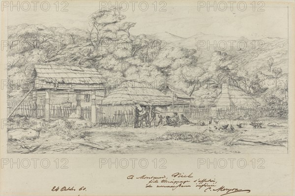 Greniers indigenes et habitations a Akaroa, presqu'Ile de Banks, 1860. Creator: Charles Meryon.