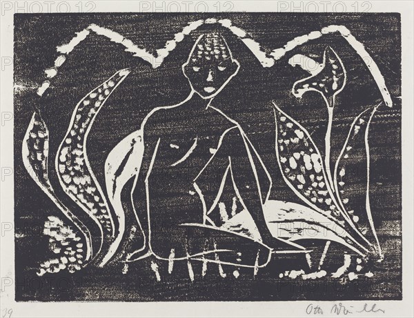 Nude Figure of a Boy in a Landscape (Knabe zwischen Blattpflanzen), 1912. Creator: Otto Mueller.