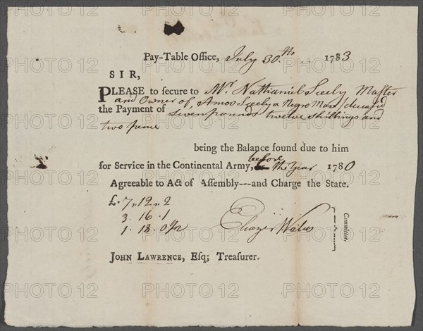 Request for compensation to be paid to Nathaniel Seely for his slave..., 1783. Creator: Unknown.