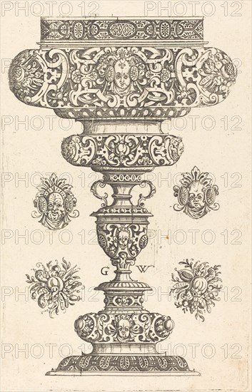 Goblet, rim decorated with masque and bouquet of fruit, published 1579. Creator: Georg Wechter I.