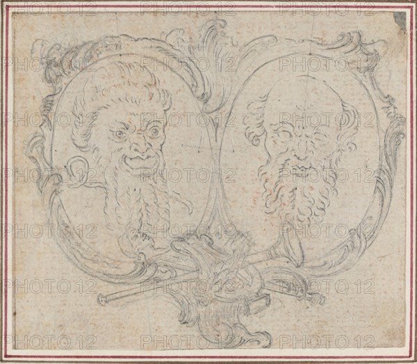 Double Cartouche with Two Heads and Symbols of Fame and Folly. Creator: Hubert Francois Gravelot.