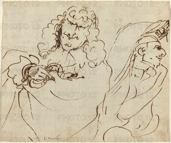 Caricature with Mola Protecting Himself from a Man Holding a Viper. Creator: Pier Francesco Mola.