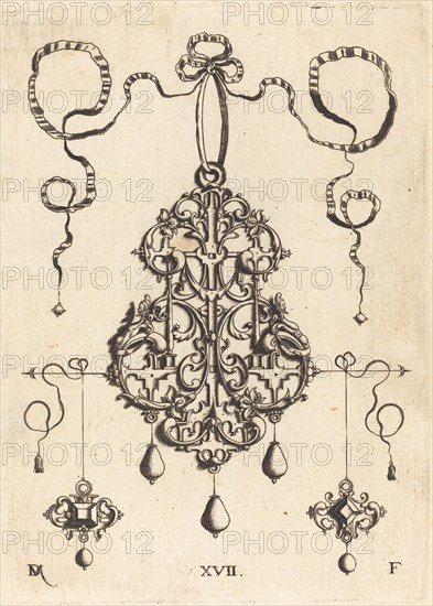 Strapwork Pendant with Two Square Tablestonesas Earrings at Left and Right. Creator: Daniel Mignot.