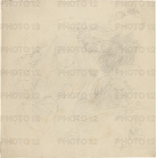 Figure Seen from behind Praying to an Apparition of a Head with Lions Below. Creator: John Flaxman.
