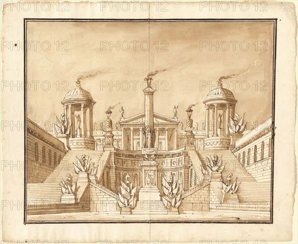 Fantasy of an Ancient Capitol with Trophies and Grand Staircases, c. 1800. Creator: Pietro Gonzaga.