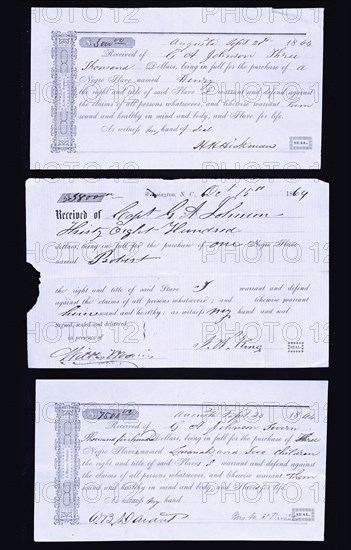 Slave bills of sale; Three sales receipts issued in New Orleans, Louisiana, 1861. Creator: Unknown.