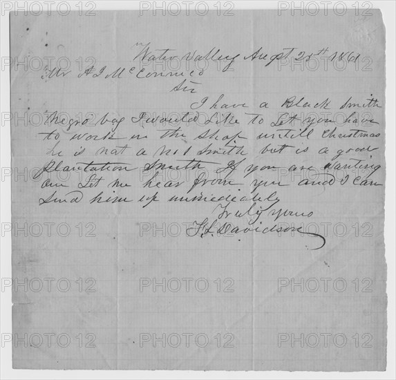 Note from Davidson of Water Valley, offering his slave blacksmith for hire, 1861. Creator: Unknown.