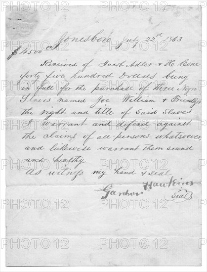 Bill of sale for 3 slaves sold to Jacob Adler in Jonesboro for $4500, 1863-07-25. Creator: Unknown.