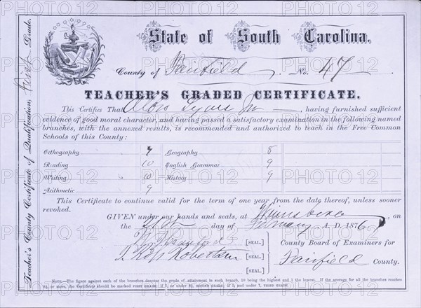 South Carolina Teacher's County Certificate of Qualification, First Grade, 1876.  Creator: Unknown.