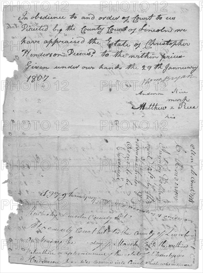 Part of a document listing slaves, animals, etc and values for each, 1807-01-29.  Creator: Unknown.