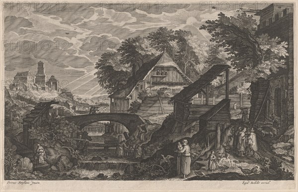 Farm Houses by a River with a City Beyond, 1610/1615. Creators: Aegidius Sadeler II, Pieter Stevens.