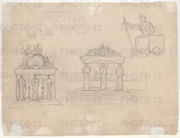 Studies of Classical Temple Facades and Seated Female Figure [verso]. Creator: John William Casilear.