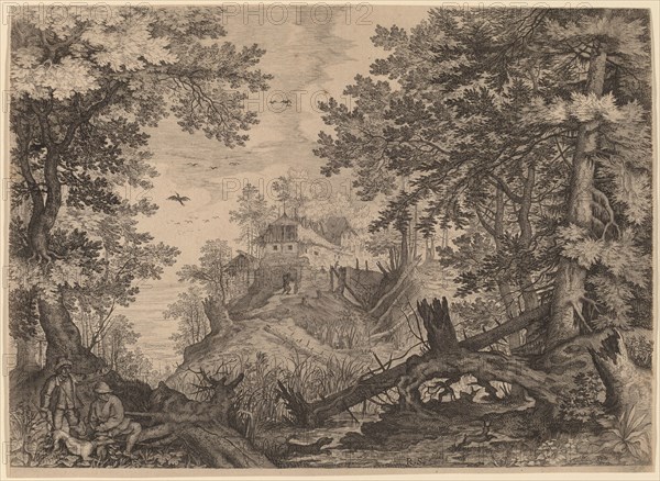 Woodland Scene with Two Hunters and a Dog to the Left, probably c. 1609. Creator: Aegidius Sadeler II.