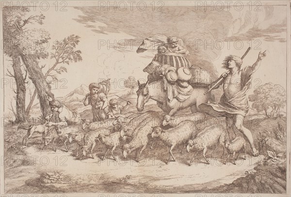 A Pastoral Journey with a Child in a Basket on Horseback, 1758/1759. Creator: Gaetano Gherardo Zompini.