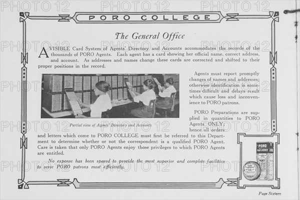 Poro College; The general office; Partial view of agents' directory and accounts, 1922. Creator: Unknown.