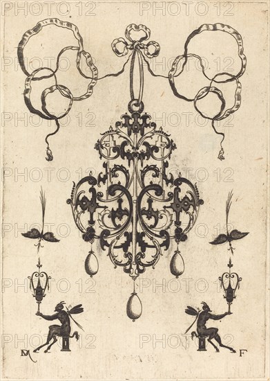 Large Pendant, Lower Left and Right Two Winged "Devils" Sitting on Pedestals, 1596. Creator: Daniel Mignot.