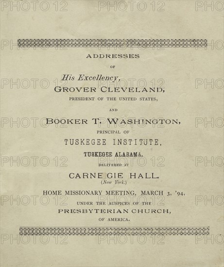 Addresses of His Excellency, Grover Cleveland and Booker T. Washington, title page, 1894. Creator: Unknown.