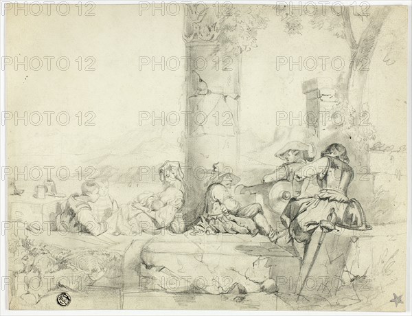 Children, Woman with Infant and Three Soldiers Sitting Among Ruins by Lake, n.d. Creator: George Cattermole.