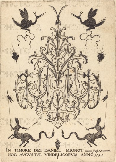 Title-Page: Brooch, Snail-like Animals Above, Centaurs with Banners at Bottom, 1596. Creator: Daniel Mignot.