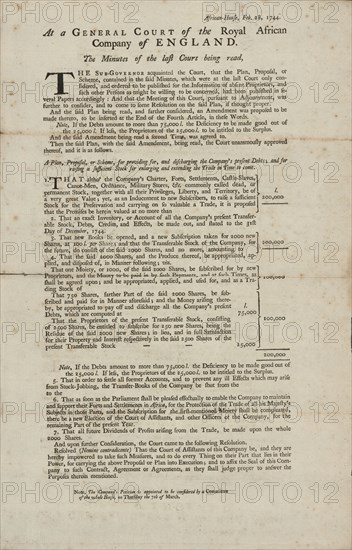 At a General Court of the Adventurers of the Royal African Company of England, 1744-02-28. Creator: Unknown.