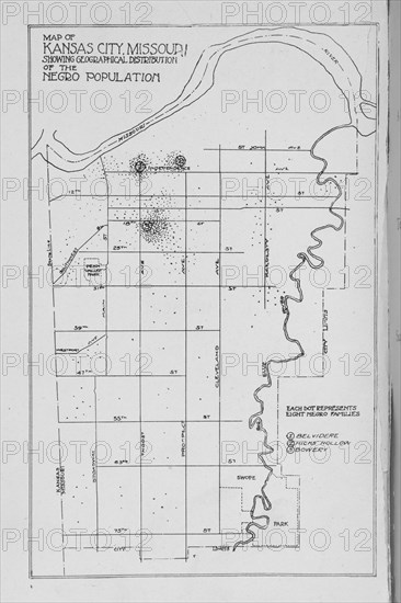 Map of Kansas City, Missouri; Showing geographical distribution on Negro Population, 1913. Creator: Unknown.