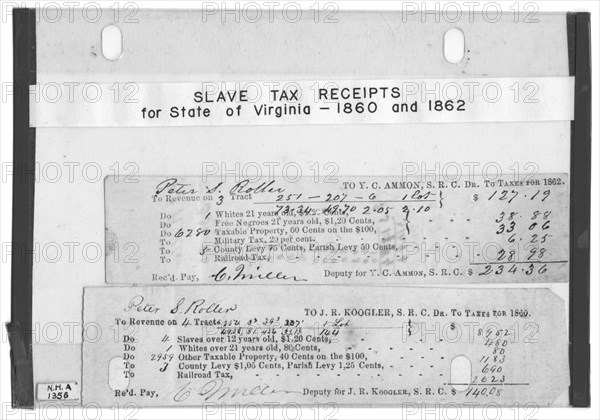 Slavery tax receipts for State of Virginia : 1860 and 1862. For Peter S. Roller, 1860-1862. Creator: Unknown.