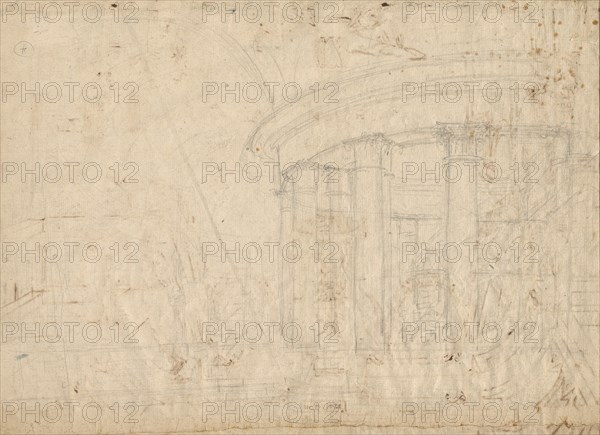 Architectural Fantasy on a Round Temple Enclosed with an Ambulatory (verso), c. 1792. Creator: Pietro Gonzaga.