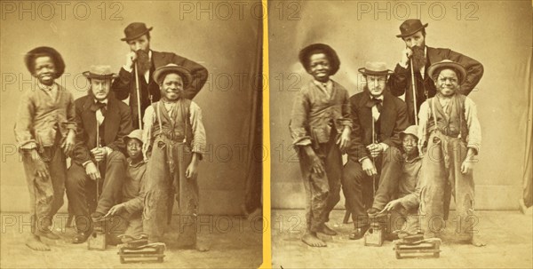 Shoe Blacks. [Studio portrait of three young shoe shiners and their customers], (1868-1900?). Creator: Unknown.
