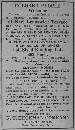 Colored people welcome to own their own homes and invest in desirable building..., 1918-1922. Creator: Unknown.