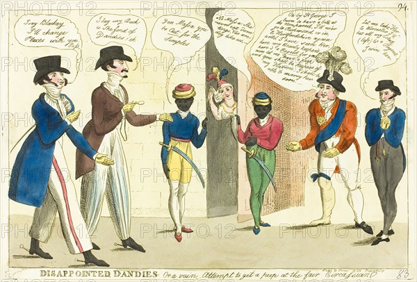 Disappointed Dandies - Or a vain Attempt to get a peep at the fair Circassian, published 1819. Creator: Unknown.