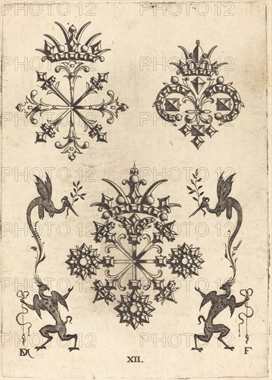 Three Brooches with Winged Snakes at Left and Right and Winged Griffins at Bottom, 1596. Creator: Daniel Mignot.