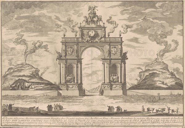The Prima Macchina for the Chinea of 1756: A Triumphal Arch between Mount Etna..., 1756. Creator: Giuseppe Pozzi.