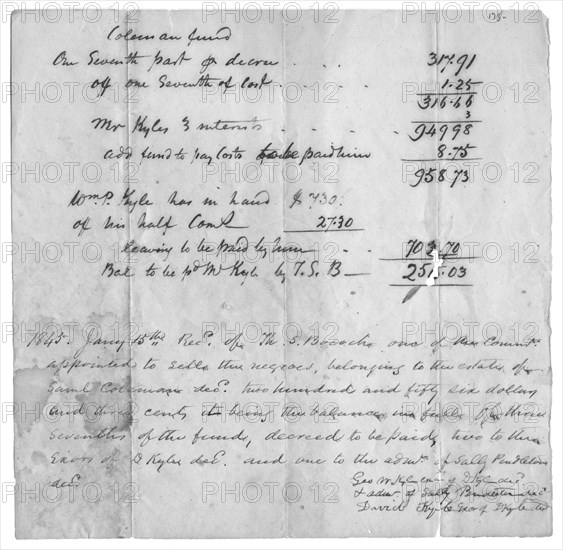 Bill of sale of slaves to settle estate debt. Top of letter says "Coleman Fund(?)", 1845-01-15. Creator: Unknown.