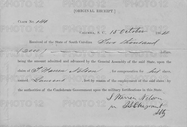 Original receipt for $2,000 compensation obtained by L. Warren Nelson; Columbia..., 1864-10-15. Creator: Unknown.