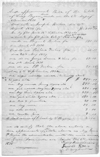 List of estate items, including slaves. Top reads 'And appraisement Bill of the estate..., 1838. Creator: Unknown.