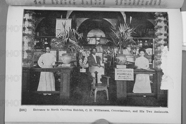 Entrance to North Carolina Exhibit, C. H. Williamson, Commissioner, and his two assistants, 1911. Creator: Unknown.