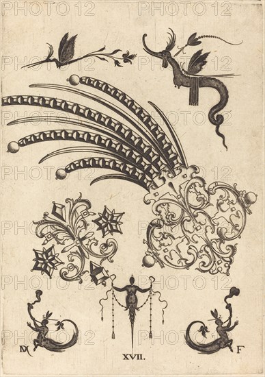 Two Brooches with Dragon and Insects at Top and Human Beings with Snake-like Tails..., 1596. Creator: Daniel Mignot.