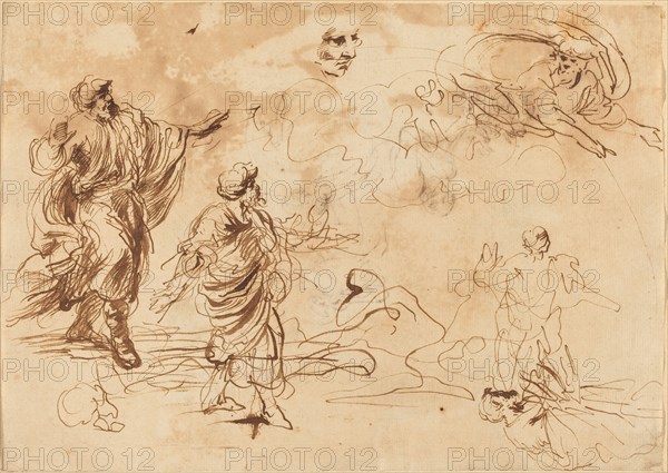 Studies for a Biblical Scene with God the Father Appearing to a Bearded Male..., mid-17th Century. Creator: Unknown.