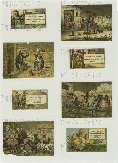 Trade cards depicting a hatching chick, a knight, balloons, swimming, fishing from..., c1876-c1890. Creator: Unknown.