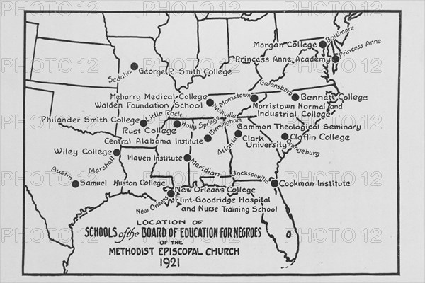 Location of schools of the Board of Education for Negroes of the Methodist Episcopal..., 1921, 1922. Creator: Unknown.