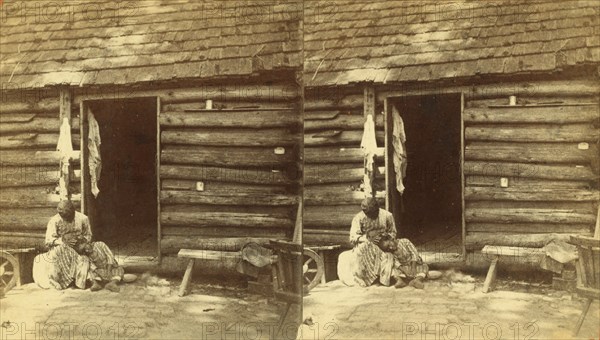 An hour's hunting. [Woman checking a girl's head for lice in front of cabin], (1868-1900?). Creator: O. Pierre Havens.