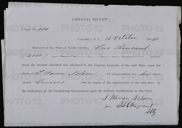 Receipt for $2000 compensation obtained by Warren L. Nelson for slave Laurens, lost in military serv Creator: Unknown.