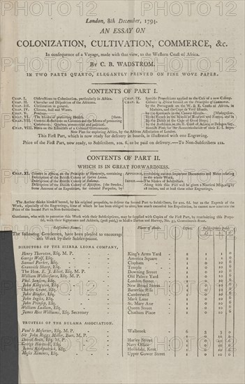 Prospectus for: An essay on colonization, cultivation, commerce, in consequence of a voyage..., 1794 Creator: Unknown.