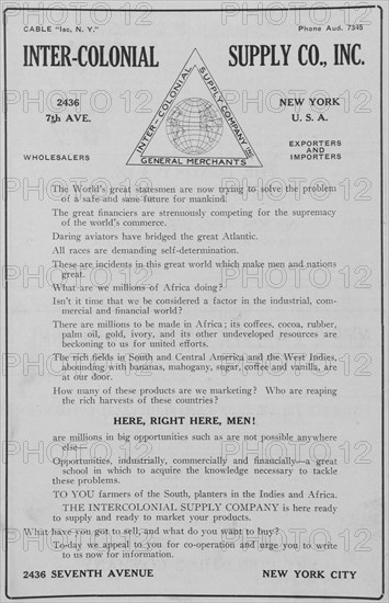 Inter-colonial Supply Co., Inc.; 2436 7th Ave., New York, U.S.A.; Wholesalers; Export..., 1918-1922. Creator: Unknown.