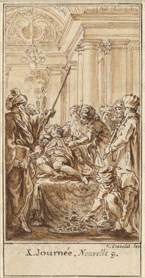 Tenth Day, Ninth Story: Saladin Bestows Rich Gifts on the Sleeping Torello, c. 1757. Creator: Hubert Francois Gravelot.