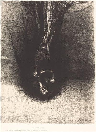 Les Sciapodes: La tete le plus bas possible, c'est le secret du bonheur! (The Skiapods...), 1889. Creator: Odilon Redon.