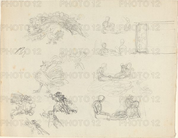 Studies of Crowing Rooster and Reclining Figures [recto and verso], late 18th/early 19th century. Creator: John Flaxman.