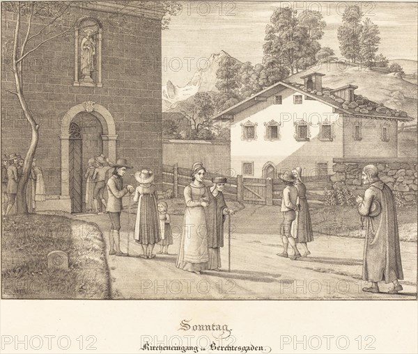Sonntag - Kircheneingang in Berchtesgaden (Sunday - Going to Church near Berchtesgaden), 1823. Creator: Ferdinand Olivier.